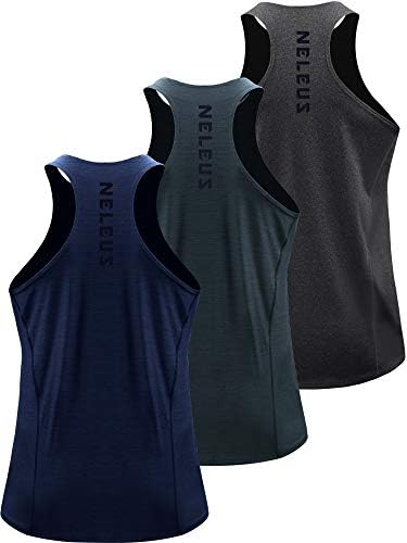 NELEUS Men's 3 Pack Running Tank Top Dry Fit Y-Back Athletic Workout Tank Tops, Grey Black, Slate Gray, Navy