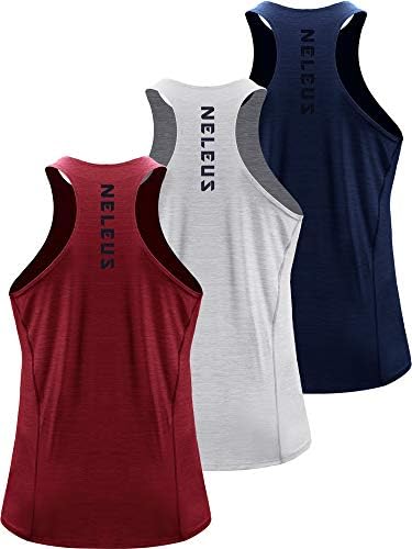 NELEUS Men's 3 Pack Running Tank Tops Dry Fit Muscle Athletic Workout Shirts, Navy, Light Grey, Red