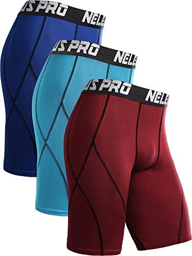 NELEUS Men's 3 Pack Sport Running Compression Shorts, Blue, Light Blue, Red