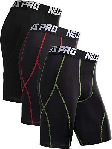 NELEUS Men's 3 Pack Sport Running Compression Shorts, Black, Red Stripe, Green Stripe