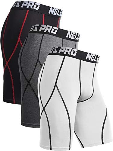 NELEUS Men's 3 Pack Sport Running Compression Shorts, Grey, Black (Red Stripe), White