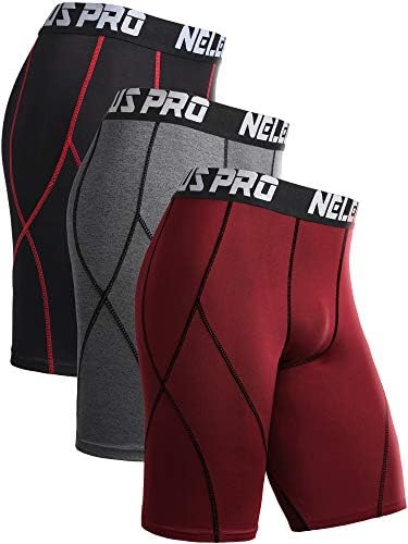 NELEUS Men's 3 Pack Sport Running Compression Shorts, Black (Red Stripe), Grey, Red