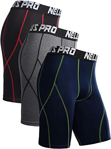 NELEUS Men's 3 Pack Sport Running Compression Shorts, Black (Red Stripe), Grey, Navy Blue