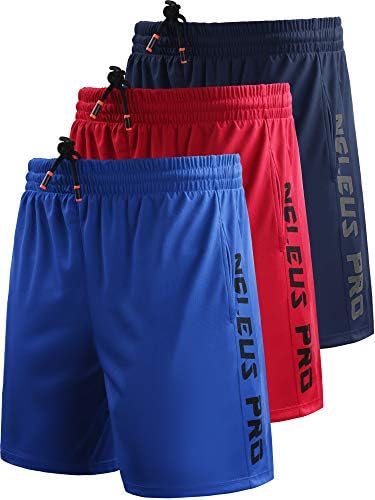 NELEUS Men's 7" Workout Running Shorts with Pockets, 3 Pack, Blue, Navy Blue, Red