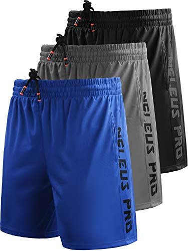 NELEUS Men's 7" Workout Running Shorts with Pockets, 3 Pack, Black, Grey, Blue