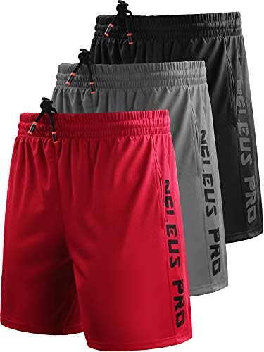 NELEUS Men's 7" Workout Running Shorts with Pockets, 3 Pack, Black/Grey/Red