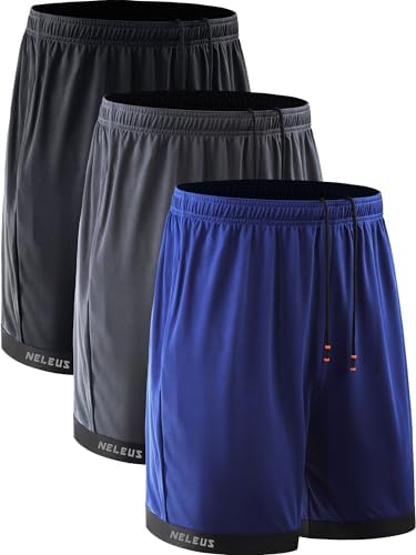 NELEUS Men's 7" Workout Running Shorts with Liner and Pockets, 3 Pack, Black/Grey/Blue