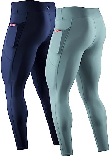 NELEUS Men's Compression Pants Workout Running Tights with Pocket, 2 Pack, Black/Grey-Green