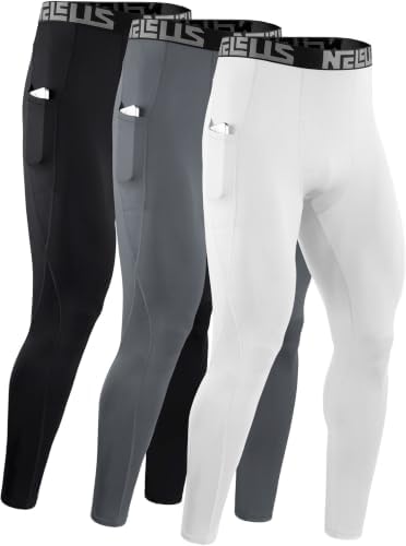 NELEUS Men's Compression Pants Workout Running Tights, Black, Grey, White, S | Pockets, Athletic, Quick-dry, breathable fabri, 4-way stretch, Base Layer Pants, Sports Yoga, Basketball