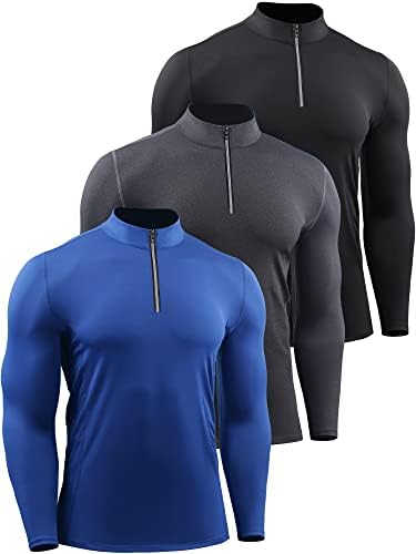 NELEUS Men's Compression Shirts 1/4 Zip Pullover Long Sleeved Running Shirts 3 Pack, Black/Grey/Blue