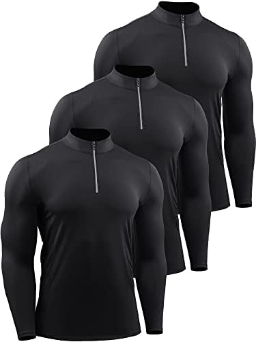 NELEUS Men's Compression Shirts 1/4 Zip Pullover Long Sleeved Running Shirts 3 Pack, Black/Black/Black