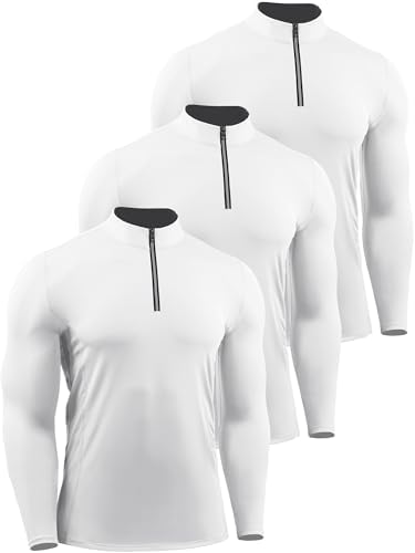 NELEUS Men's Compression Shirts 1/4 Zip Pullover Long Sleeved Running Shirts 3 Pack, White/White/White