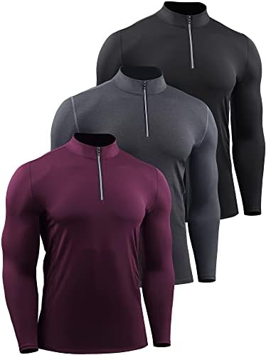NELEUS Men's Compression Shirts 1/4 Zip Pullover Long Sleeved Running Shirts 3 Pack, Black/Grey/Red