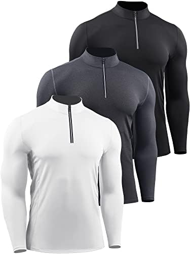 NELEUS Men's Compression Shirts 1/4 Zip Pullover Long Sleeved Running Shirts 3 Pack, Black/Grey/White