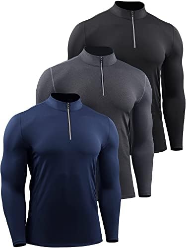 NELEUS Men's Compression Shirts 1/4 Zip Pullover Long Sleeved Running Shirts 3 Pack, Black/Grey/Navy Blue
