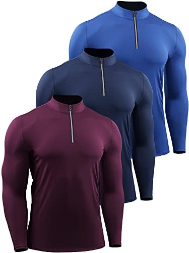 NELEUS Men's Compression Shirts 1/4 Zip Pullover Long Sleeved Running Shirts 3 Pack, Red/Navy/Blue