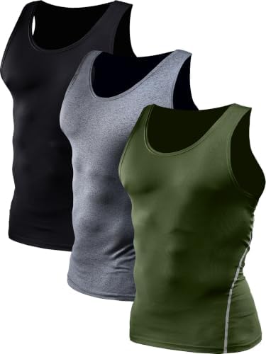 NELEUS Men's Compression Shirts Athletic Tank Top, Black, Grey, Green, 2XL | 3 Pack, Dyr Fit, Underwear, Base Layer, Sport, Gym, Ultra Breathable, Moisture Wicking