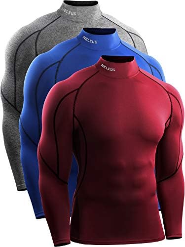 NELEUS Men's Compression Shirts Dry Fit Long Sleeve Mock Neck Shirts, 3 Pack, Grey/Blue/Red