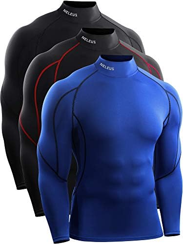 NELEUS Men's Compression Shirts Dry Fit Long Sleeve Mock Neck Shirts, 3 Pack, Black/Blue/Black(Red Stripe)