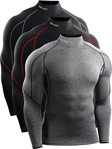 NELEUS Men's Compression Shirts Dry Fit Long Sleeve Mock Neck Shirts, 3 Pack, Black/Black(Red Stripe)/Grey