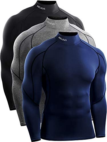 NELEUS Men's Compression Shirts Dry Fit Long Sleeve Mock Neck Shirts, 3 Pack, Black/Grey/Navy Blue