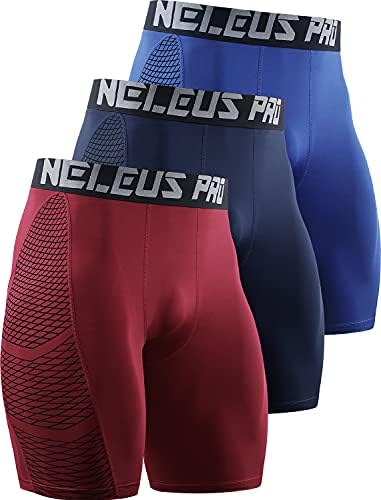 NELEUS Men's Compression Shorts 3 Pack Quick Dry Athletic Running Shorts, Red/Navy/Blue