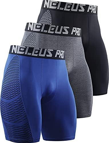 NELEUS Men's Compression Shorts 3 Pack Quick Dry Athletic Running Shorts, Black/Grey/Blue