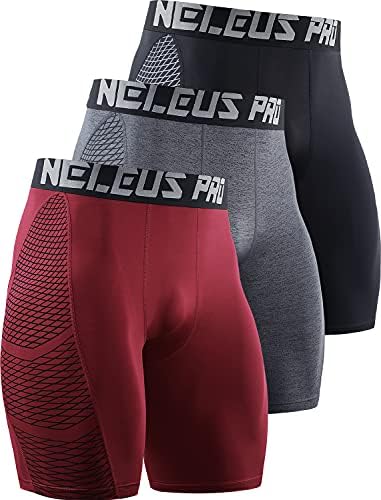 NELEUS Men's Compression Shorts 3 Pack Quick Dry Athletic Running Shorts, Black/Grey/Red