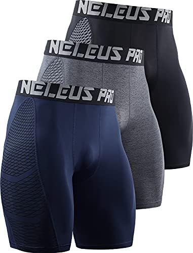 NELEUS Men's Compression Shorts 3 Pack Quick Dry Athletic Running Shorts, Black/Grey/Navy Blue