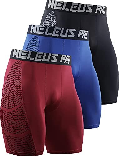 NELEUS Men's Compression Shorts 3 Pack Quick Dry Athletic Running Shorts, Black/Red/Blue