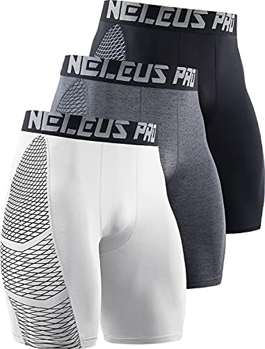 NELEUS Men's Compression Shorts 3 Pack Quick Dry Athletic Running Shorts, Black/Grey/White