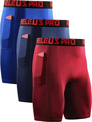 NELEUS Men's Compression Shorts with Pockets 3 Pack, Blue/Navy/Red