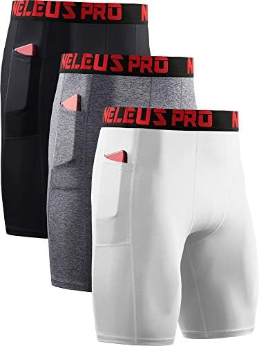NELEUS Men's Compression Shorts with Pockets 3 Pack, Black, Grey, White