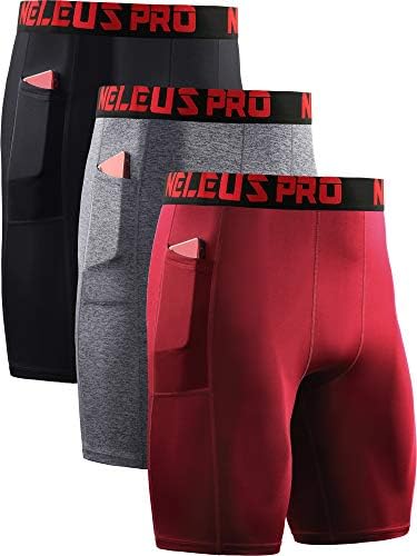 NELEUS Men's Compression Shorts with Pockets 3 Pack, Black/Grey/Red