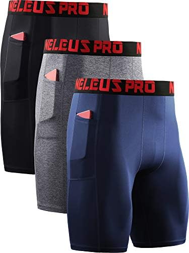 NELEUS Men's Compression Shorts with Pockets 3 Pack, Black/Grey/Navy Blue