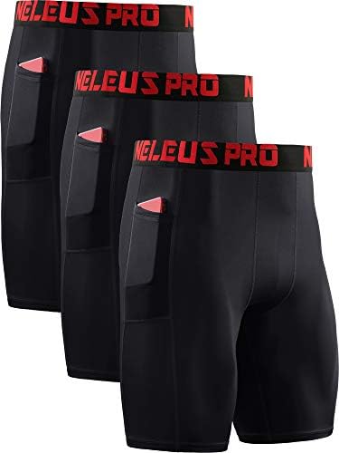 NELEUS Men's Compression Shorts with Pockets 3 Pack, Black/Black/Black