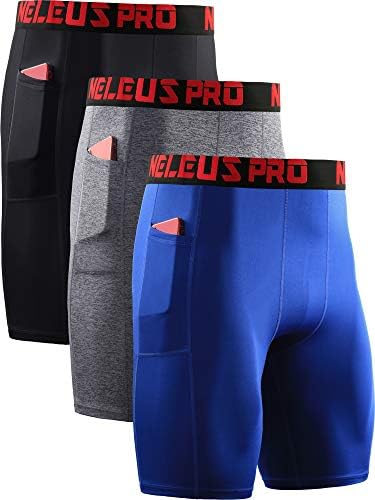 NELEUS Men's Compression Shorts with Pockets 3 Pack, Black/Grey/Blue