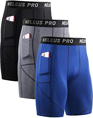 NELEUS Men's Compression Shorts with Pockets Workout Running Tights, 3 Pack, Black/Grey/Blue