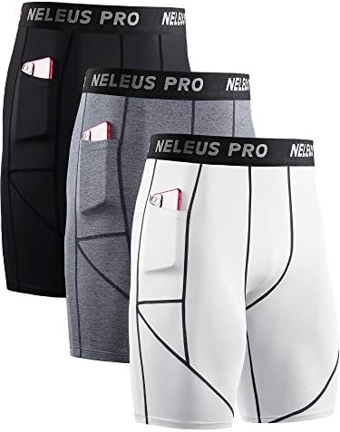 NELEUS Men's Compression Shorts with Pockets Workout Running Tights, 3 Pack, Black/Grey/White