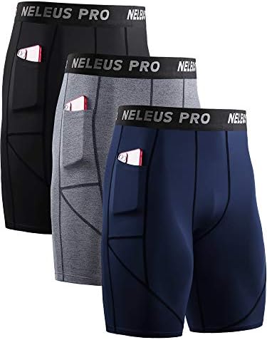 NELEUS Men's Compression Shorts with Pockets Workout Running Tights, 3 Pack, Black/Grey/Navy Blue