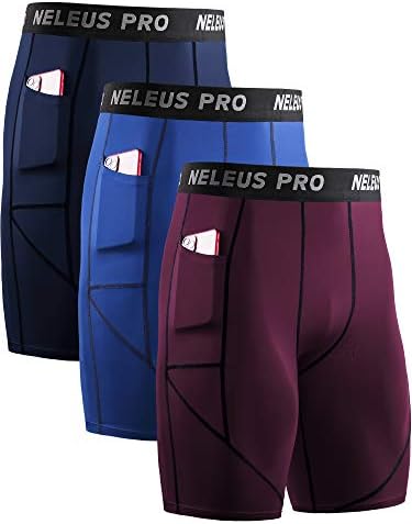 NELEUS Men's Compression Shorts with Pockets Workout Running Tights, 3 Pack, Red/Navy/Blue