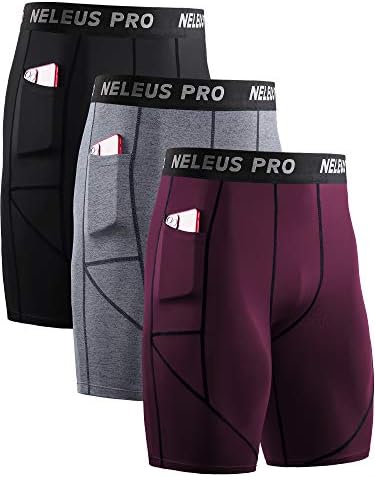 NELEUS Men's Compression Shorts with Pockets Workout Running Tights, 3 Pack, Black/Grey/Red