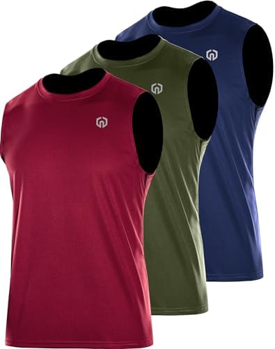 NELEUS Men's Dry Fit Workout Athletic Tank Basketball Running Shirts, Olive Green/Navy Blue/Red