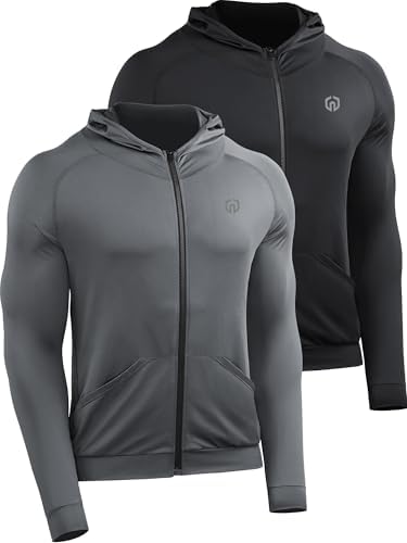 NELEUS Men's Full-Zip Athletic Jacket with Hoodies Workout Long Sleeve Fishing Hiking Performance Shirt, Pack of 2, Black, Grey