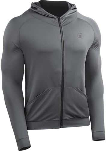 NELEUS Men's Full-Zip Athletic Jacket with Hoodies Workout Long Sleeve Fishing Hiking Performance Shirt, Pack of 1, Grey