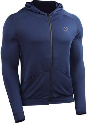 NELEUS Men's Full-Zip Athletic Jacket with Hoodies Workout Long Sleeve Fishing Hiking Performance Shirt, Pack of 1, Navy Blue