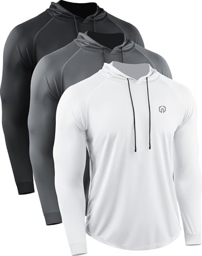 NELEUS Men's Long Sleeve Athletic Shirt Workout Running Shirts with Hoods, Black/Grey/White, 3 Pack
