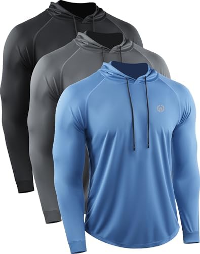 NELEUS Men's Long Sleeve Athletic Shirt Workout Running Shirts with Hoods, Black/Grey/Blue, 3 Pack