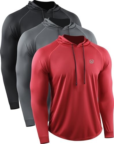 NELEUS Men's Long Sleeve Athletic Shirt Workout Running Shirts with Hoods, Black/Grey/Red, 3 Pack