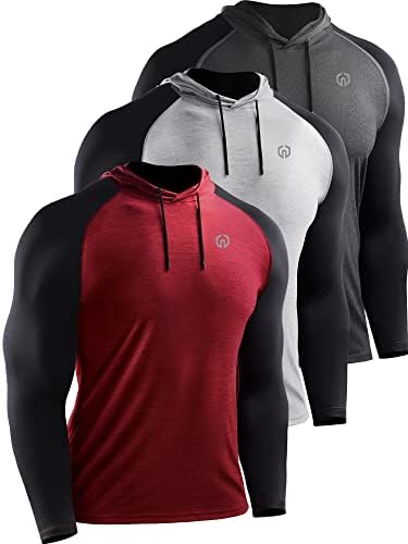 NELEUS Men's Running Shirt Long Sleeve Workout Shirts with Hoods, 3 Pack, Dark Grey/Red/Light Grey, 3X-Large